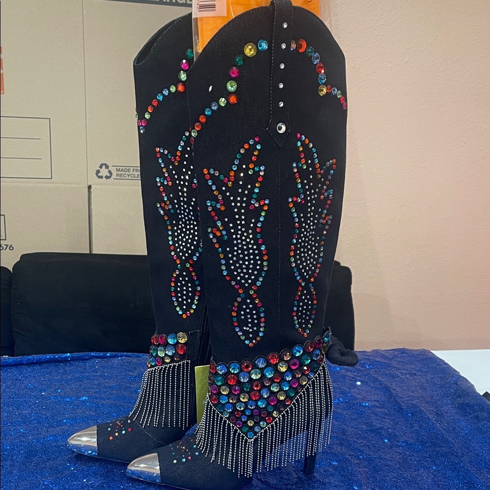 Gianni Bini Black Heeled Boots with Colorful Studs